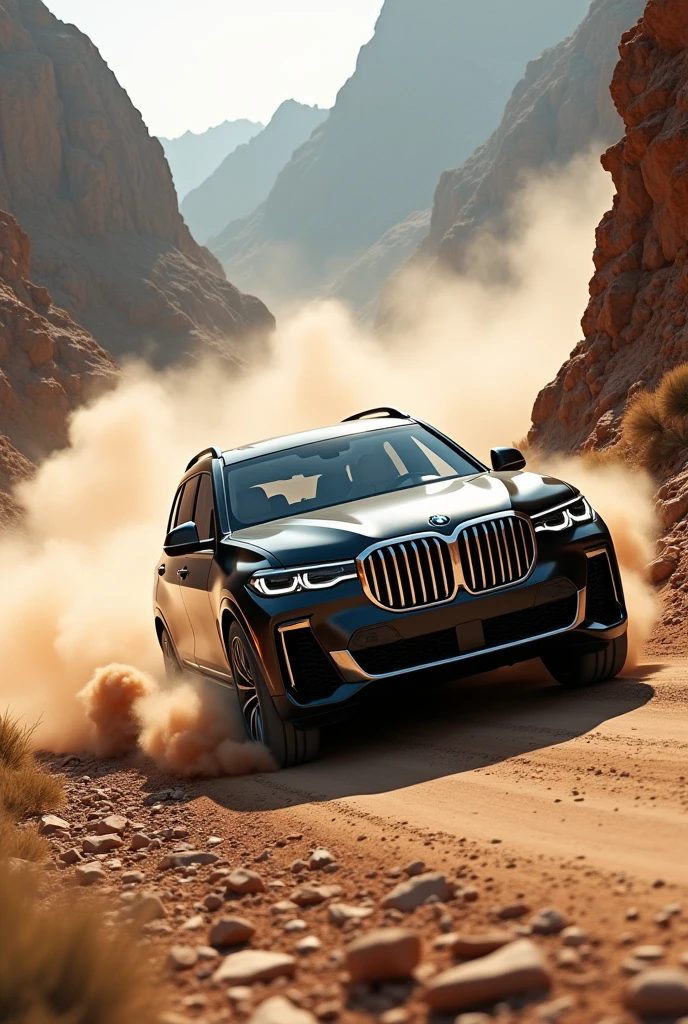A black BMW X7 car is driving on the mountain road,Real texture,Dust billowing with sand