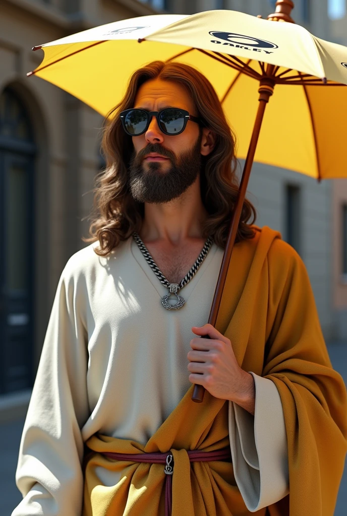 Jesus wearing Oakley Juliet sunglasses and Mizuno sneakers and holding an Oakley umbrella
