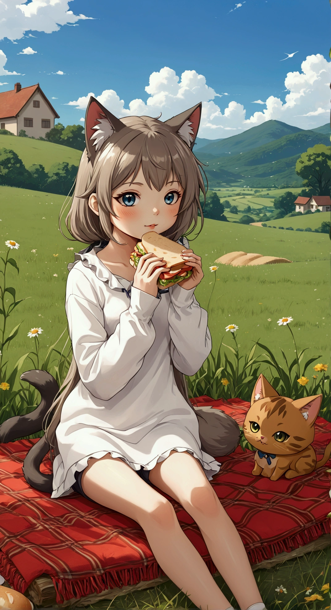 anime girl sitting on a blanket eating a sandwich in a field, cute anime catgirl, anime catgirl, beautiful anime catgirl, anime girl with cat ears, very beautiful anime cat girl, pixiv, at pixiv, attractive cat girl, pixiv style, holo is a wolf girl, cute anime girl, anime cat, pixiv contest winner