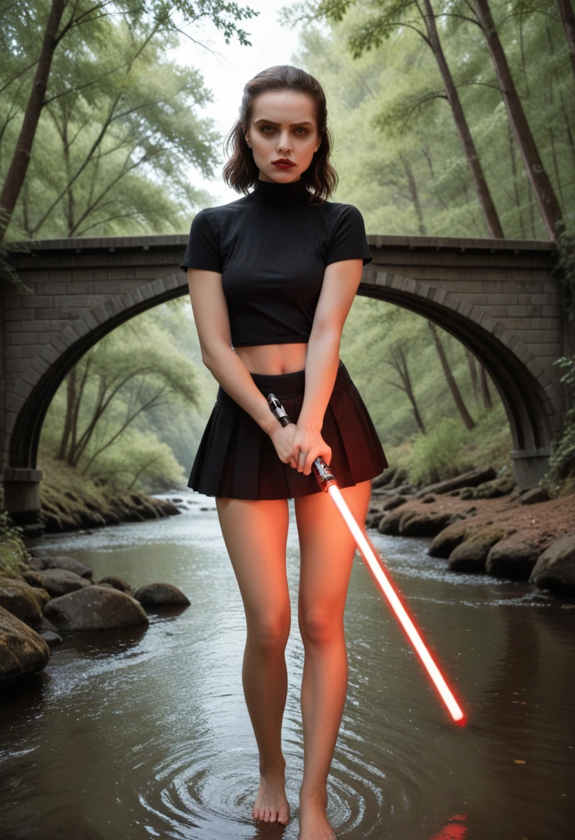 Sith Rey Skywalker, red eyes, holding a red lightsaber, wears a cleaveage dark blouse, and a mini blue skirt, standing in hanging wood bridge of over a river, dinamic pose, ready to fight, behind there is a robot, orgasm face, upskirt