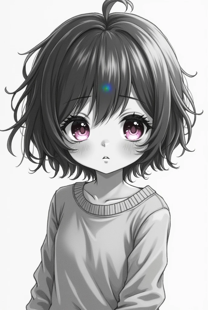 chibi, monochrome pencil drawing, self-portrait, cute girl, short messy hair, shy, pink eyes, (attractive and seductive) and (amorous and lewd) expression, shading, shadows, contrast, conceptual installation art, 2.5D, delicate and dynamic effects, iridescent effects, artistic, hyper, graphic CG digital art, (anime, manga, cartoon, illustration)-style