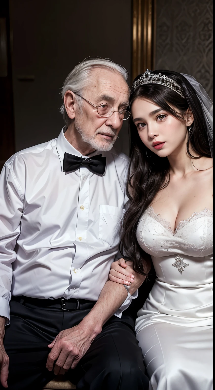 an 80 year old man married to a 17 year old teenage girl, the old man wore a black suit, black trousers and black office shoes. while a teenage girl wears a pink hijab, white strapless wedding long dress, with red lips, exposed chest. old man and teenage girl as romantic couple sitting on wedding throne.