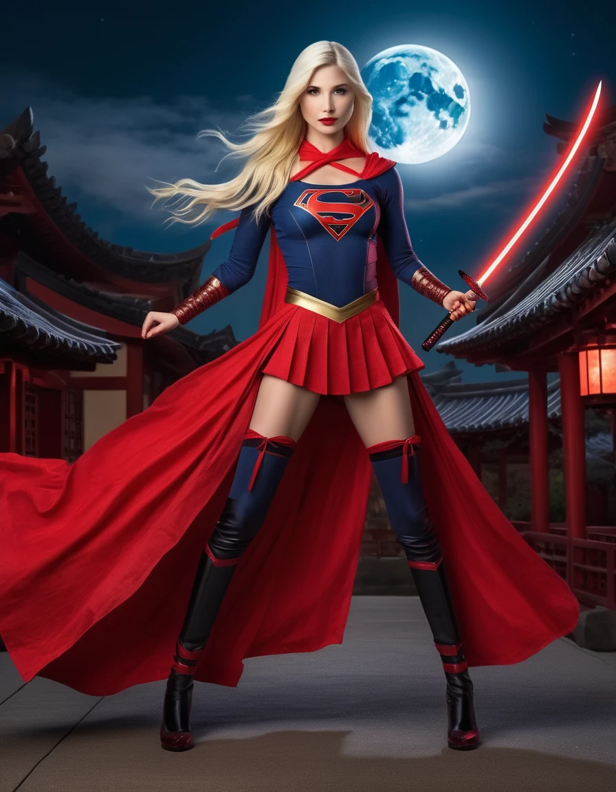 Piper Perri Garza Supergirl 2023Failed Generation - A graceful kunoichi with a perfect body shape and flowing black hair wears a striking kitsune mask and brandishes a red kocard and katana on a moonlit roof. The full moon and blood-red moon cast an eerie glow on her as she exudes stealth and strength. This vivid image, whether a painting or photograph, captures the mysterious allure of a powerful female warrior in exquisite detail, with every element expertly rendered to create a mesmerizing and immersive experience for the viewer.