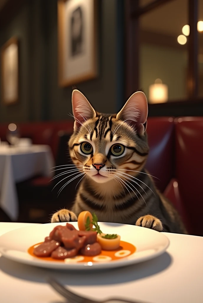 Generate me an ultra-realistic image of a tabby cat eating a delicious plate of cat food and pate at a gourmet restaurant.