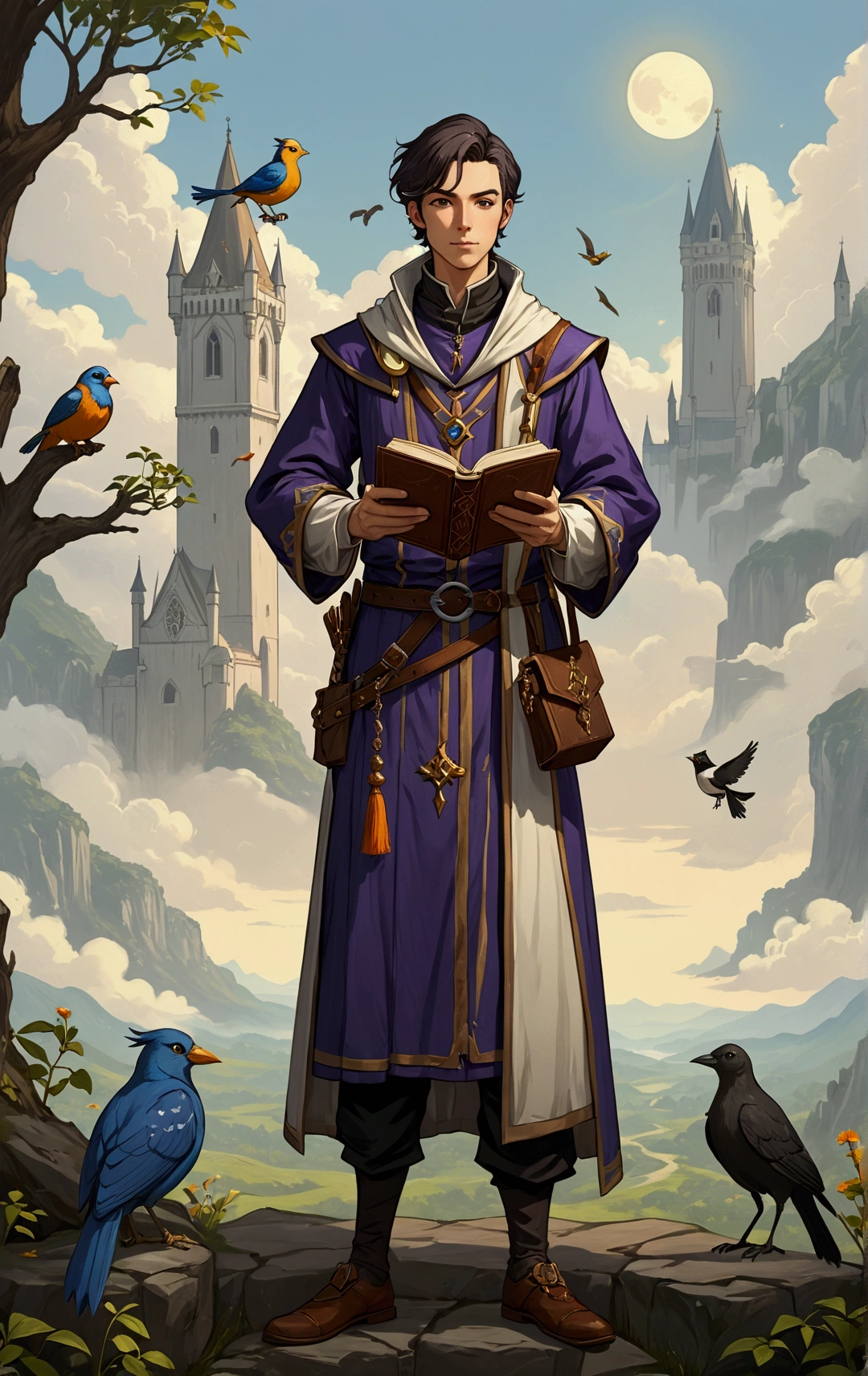 anime character dressed in medieval clothing holding a book and a bird, thin male alchemist, full portrait of elementalist, picture of a male cleric, caleb from critical role, portrait of a mage, thin young male alchemist, skinny male fantasy alchemist, fullbody rpg portrait, old male archmage, dressed like a cleric, portrait of a female mage, male artificer