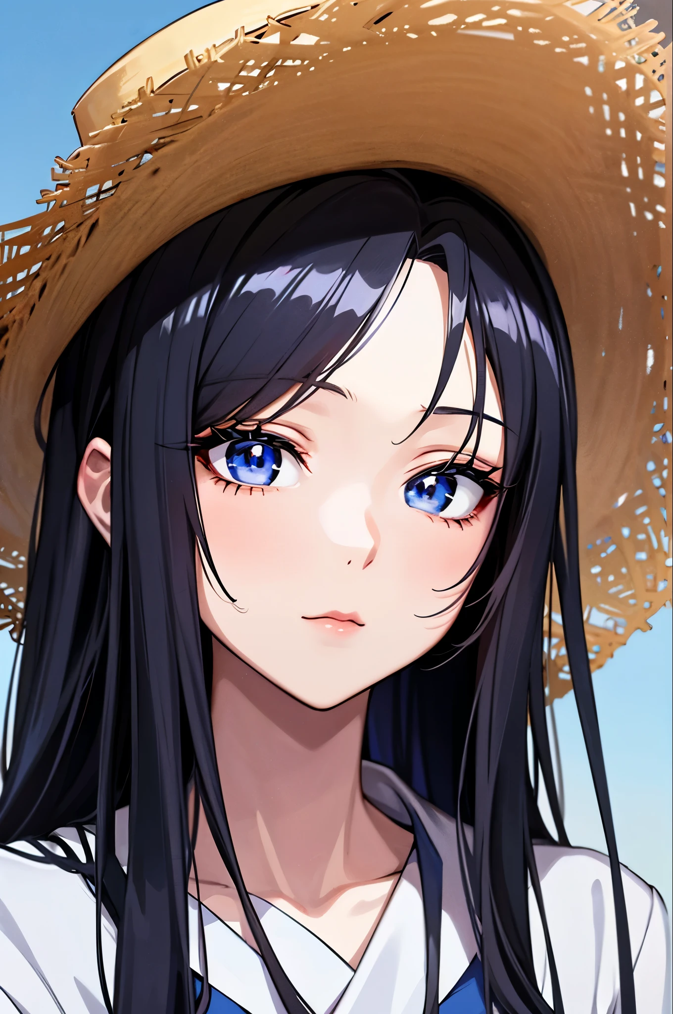 Long black haired anime character wearing a straw hat, Anime Style 4k, Beautiful anime portraits, Anime Moe Art Style, anime art wallpaper 4k, anime art wallpaper 4k, High quality anime art style, Anime style portrait, Gwaiz, artwork in the style of Gwaiz, Detailed digital anime art, Anime Art Wallpapers 8K, Cute Anime Portrait