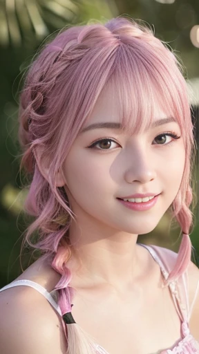 (8k、top-quality、​masterpiece:1.2)、(reallistic、Photorealsitic:1.37)、The ultra-detailed、1 person、18year old、Medium chest、Beautie、Beautiful and perfect face、up close shot、Natural smile、solo、holiday、Bustling street、shopping、Fashionable clothes、Redness of the nose)、(A smile:1.5)、(With mouth closed) 、beautidful eyes、(long:1.2)、Floating hair 、Middle hair、Pink Hair Medium Hair, (Pink hair), Ear Hair, small tits, Single braid, (Single braid), (Side braid),Checked shirt