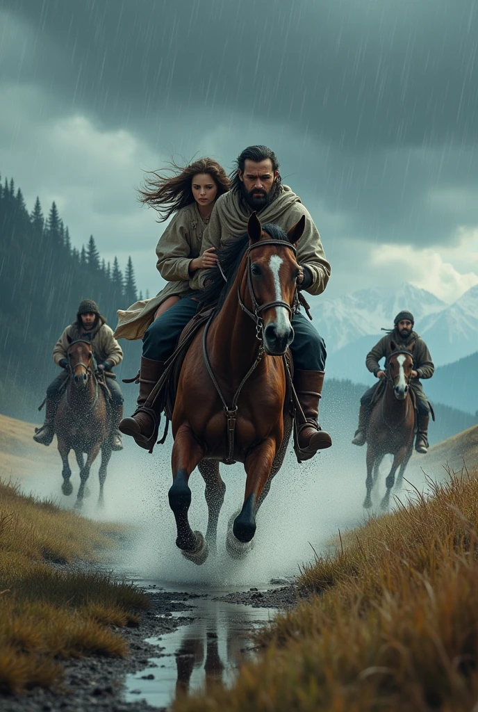 Bandit fleeing with a girl on horseback in the rain and there are 3 more riders