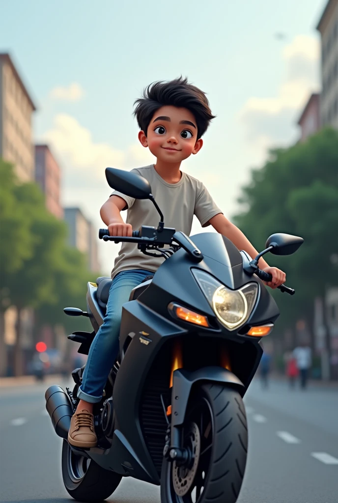 একটি ছেলের ছবি যিনি একটি মোটরসাইকেলের উপরে বসে আছেন। ছেলেটির নাম আজিজুল, তিনি একটি সাধারণ টি-শার্ট এবং জিন্স পরে আছেন। মোটরসাইকেলটি কালো রঙের, এবং পটভূমিতে একটি শহরের রাস্তা দেখা যাচ্ছে। ছবিটি দিনে তোলা হয়েছে এবং আকাশে হালকা মেঘ রয়েছে।