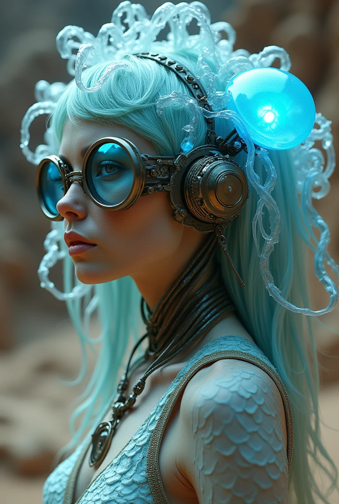 Ethereal Cyborg Woman, bioluminescent jellyfish tiara. Steampunk goggles merge with translucent tentacles. Cracked porcelain skin meets iridescent scales. Mechanical implants and delicate tendrils intertwine. Human characteristics with an otherworldly glow. Dreamy aquatic tones contrast with aged metal. Reflective eyes capture invisible worlds. Gentle bioluminescence meets a harsh desert landscape. Fusion of organic and synthetic, ancient and futuristic. Hyper-detailed textures, surreal atmosphere.