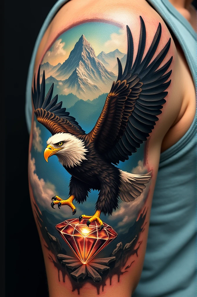 A tattoo of an eagle with a diamond on its paw 
