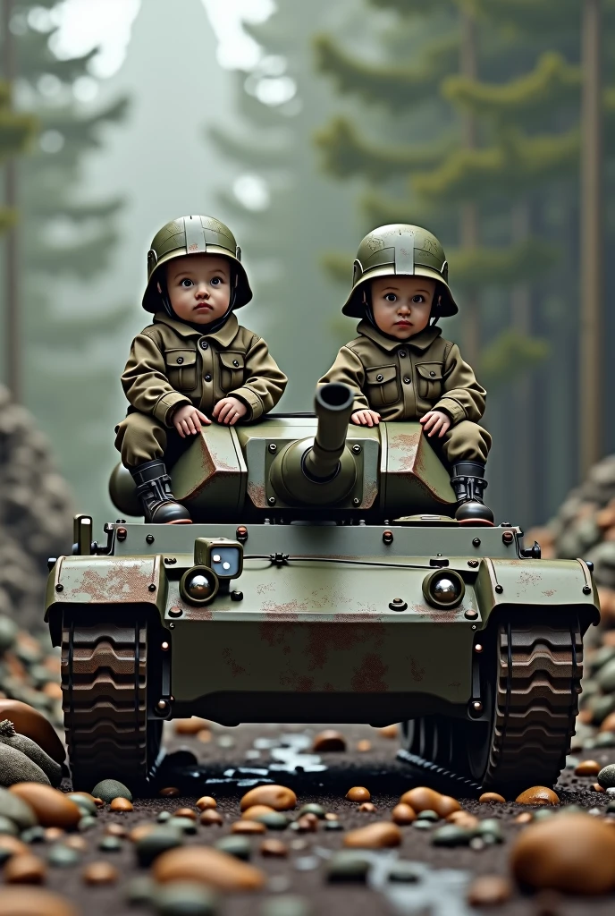 Two very young infants wearing camouflage tank uniforms and military helmets drive a tank in a defensive position in a realistic full body style.