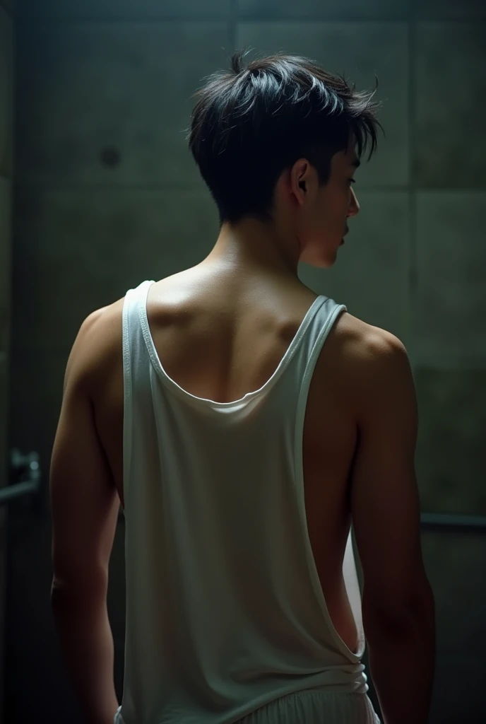 Young asian man with chocolate hair, fair skin, subtle muscle mass, back photo. Bedroom in dark blue, black an white tones