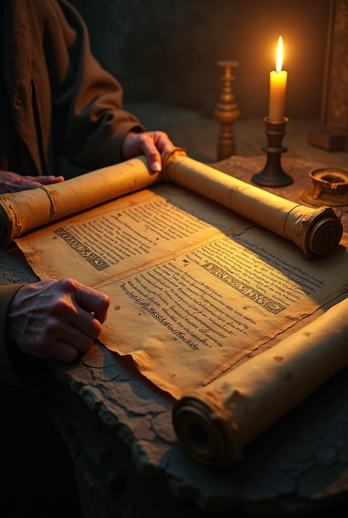 ancient scroll being slowly unrolled in a dark setting