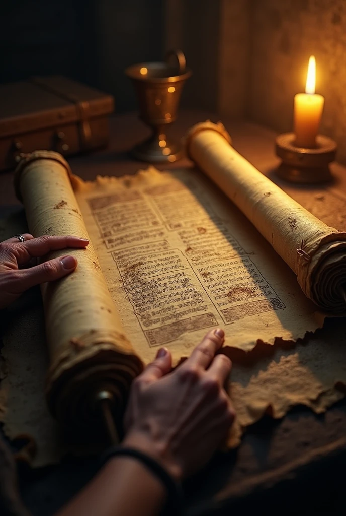 ancient scroll being slowly unrolled in a dark setting