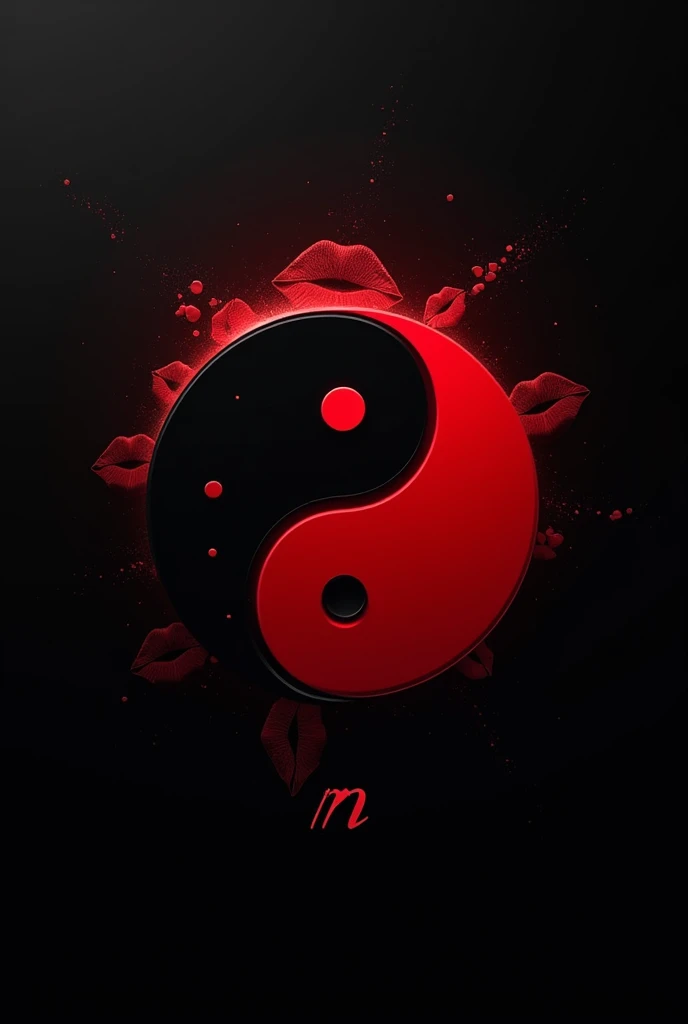 A wallpaper that has a black background and in the middle the yin and yang sign in the black and cherry red palette ,and also have 3 kisses as if it were a lipstick mark,she initially "M" in the bottom right corner ,