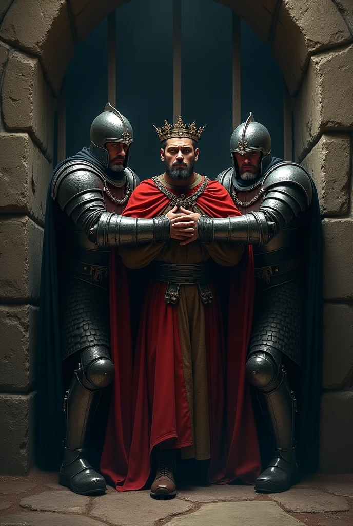 Two guards take the king and lock him in the jail