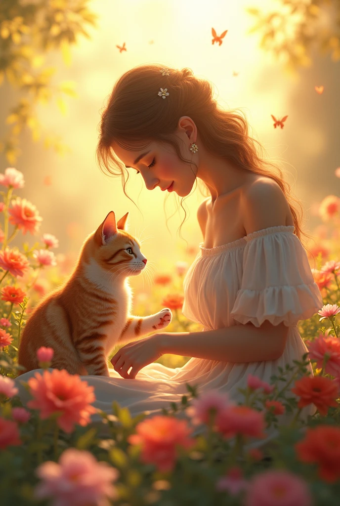 Beautiful girl touching cat's paw、Beautiful flower field、Beautiful sunshine、smile、Cat fairies dancing around a beautiful girl and a cat