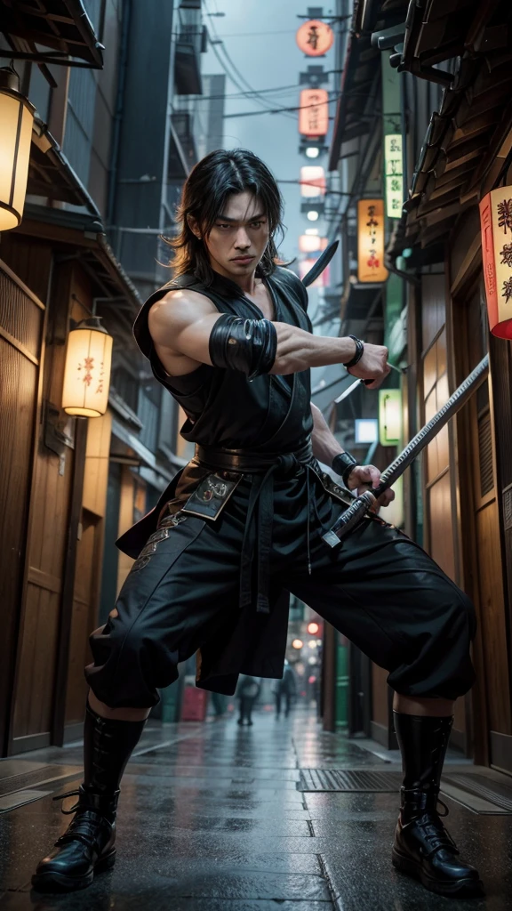 Create a realistic, high-resolution full-body image (8K or higher). The subject is a handsome Japanese man, age 25, with a tall and muscular build, balanced proportions, and a deep, chiseled face like someone of mixed heritage. He has sharp eyes, glaring intensely, and messy long hair. His attire can be a kimono, traditional Japanese armor, ninja outfit, or martial arts training gear. He can be barefoot, wearing boots, or sneakers. He wields either a katana, spear, tanto, kusarigama, meteor hammer, or nunchaku in one hand, or dual-wields them. The pose is dynamic and action-oriented. The background should be either a battlefield, Shibuya in 2024, or a green screen backdrop. Additionally, incorporate a setting with a futuristic vibe, cyberpunk atmosphere, Edo-period Japan, or Taisho-era Japan. It is essential to depict perfect details in the hands and fingers, arms, legs, head, and torso. The facial features, including the eyes, nose, and mouth, should also be impeccably detailed, with the expression showing a sharp, intense glare.