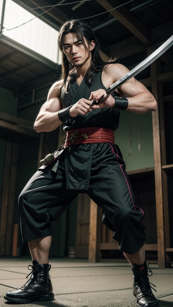 Create a realistic, high-resolution full-body image (8K or higher). The subject is a handsome Japanese man, age 25, with a tall and muscular build, balanced proportions, and a deep, chiseled face like someone of mixed heritage. He has sharp eyes, glaring intensely, and messy long hair. His attire can be a kimono, traditional Japanese armor, ninja outfit, or martial arts training gear. He can be barefoot, wearing boots, or sneakers. He wields either a katana, spear, tanto, kusarigama, meteor hammer, or nunchaku in one hand, or dual-wields them. The pose is dynamic and action-oriented. The background should be either a battlefield, Shibuya in 2024, or a green screen backdrop. Additionally, incorporate a setting with a futuristic vibe, cyberpunk atmosphere, Edo-period Japan, or Taisho-era Japan. It is essential to depict perfect details in the hands and fingers, arms, legs, head, and torso. The facial features, including the eyes, nose, and mouth, should also be impeccably detailed, with the expression showing a sharp, intense glare.