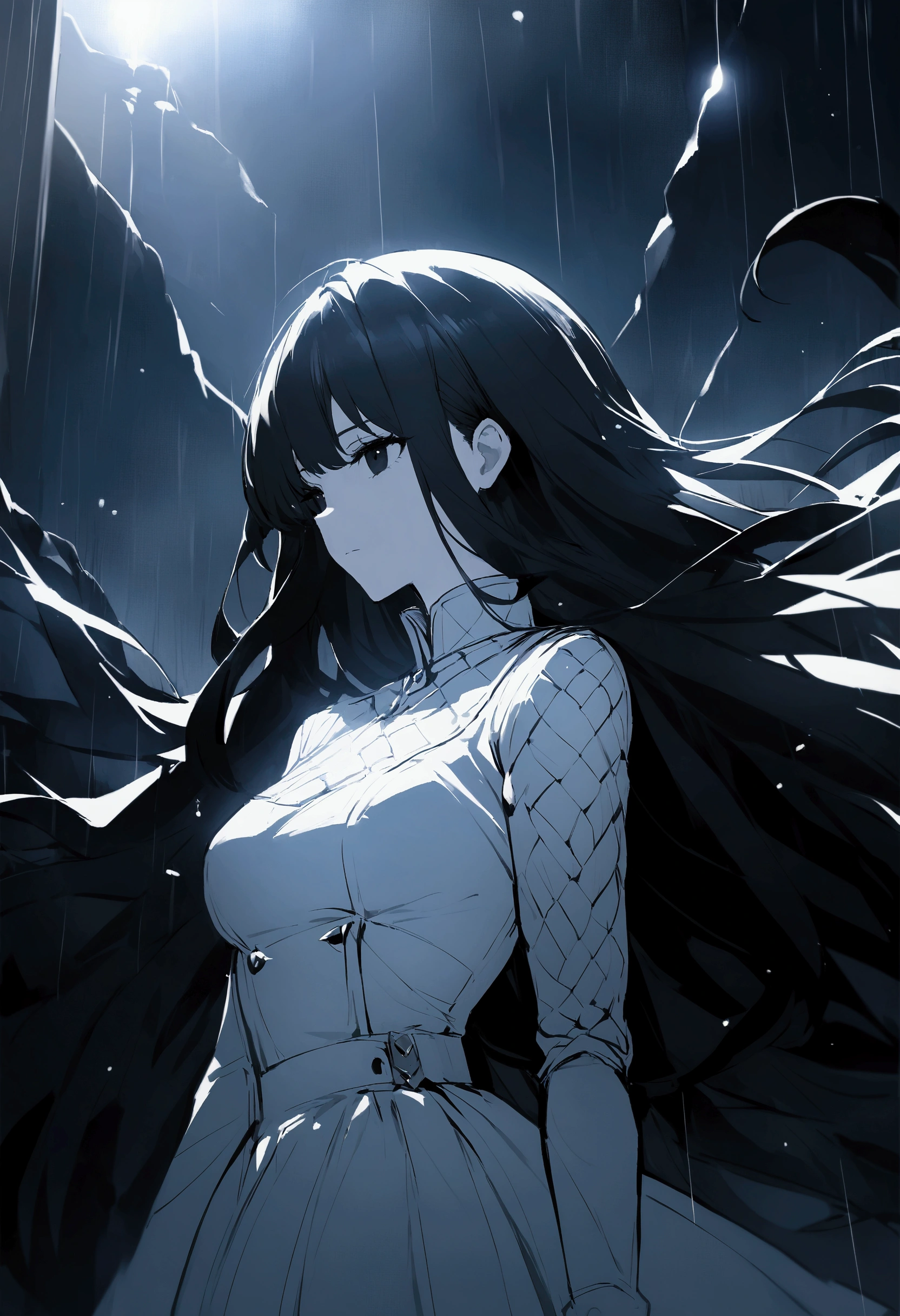long hair woman、black hair、black eyes、gloomily,moonlight,cool,rain,((Black and white style))