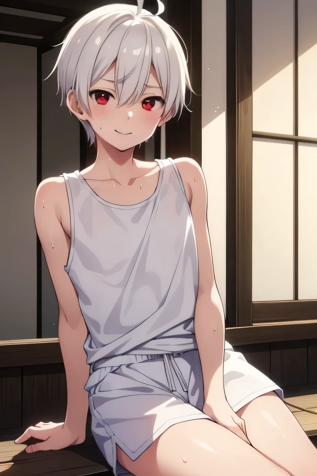 One Boy, White short hair,Ahoge,Red eyes,White tank top,hot pants, Bright smile,Squint your eyes,Blushing, ((Sweaty)),On the veranda of a Japanese-style room,garden,Sit down,Looking at the audience, Highest quality, High resolution, unity 8k wallpaper, Perfect lighting