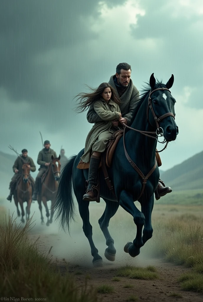 Bandit fleeing with a girl on a black horse in the rain with 3 more riders