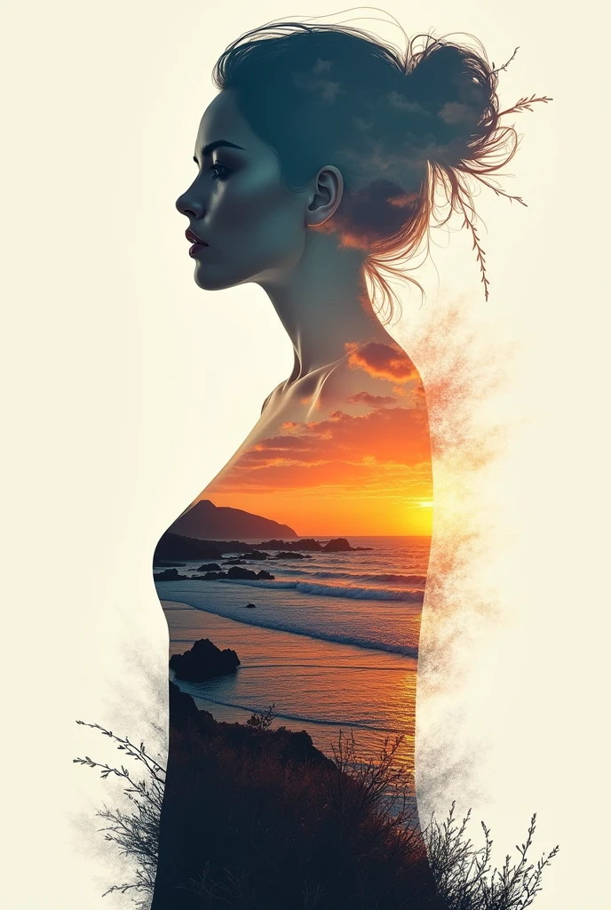 high qualiy, 8k Ultra HD, Uma linda Double exposure que combina uma silhueta de deusa com costa ao pôr do sol, the coast at sunset should serve as a backdrop, with its details incorporated into the goddess, Sharp lines, The background is monochromatic, sharp focus, Double exposure, By Yukisakura, stunning full colors.