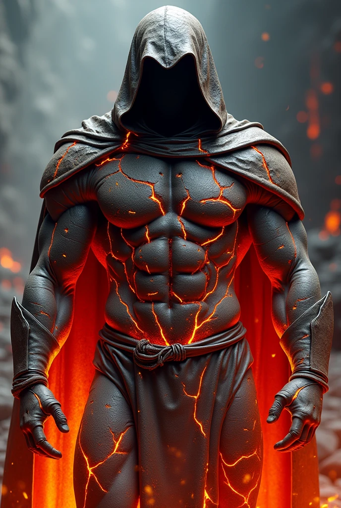It generates an image of an elemental lava, it has a humanoid shape, it has features of a very muscular man, it is wearing rock armor with cracks all over it, fire comes out of the cracks, it is wearing a cape and hood on so it cannot be seen. see his face.