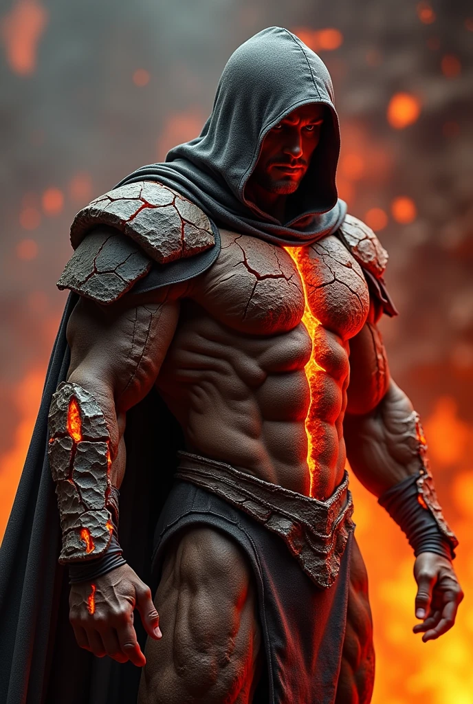 It generates an image of an elemental lava, it has a humanoid shape, it has features of a very muscular man, it is wearing rock armor with cracks all over it, fire comes out of the cracks, it is wearing a cape and hood on so it cannot be seen. see his face.