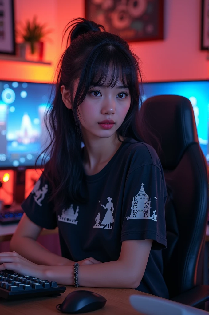 brunette gamer woman with her gamer setup wearing a black shirt, in the shape of Disney characters