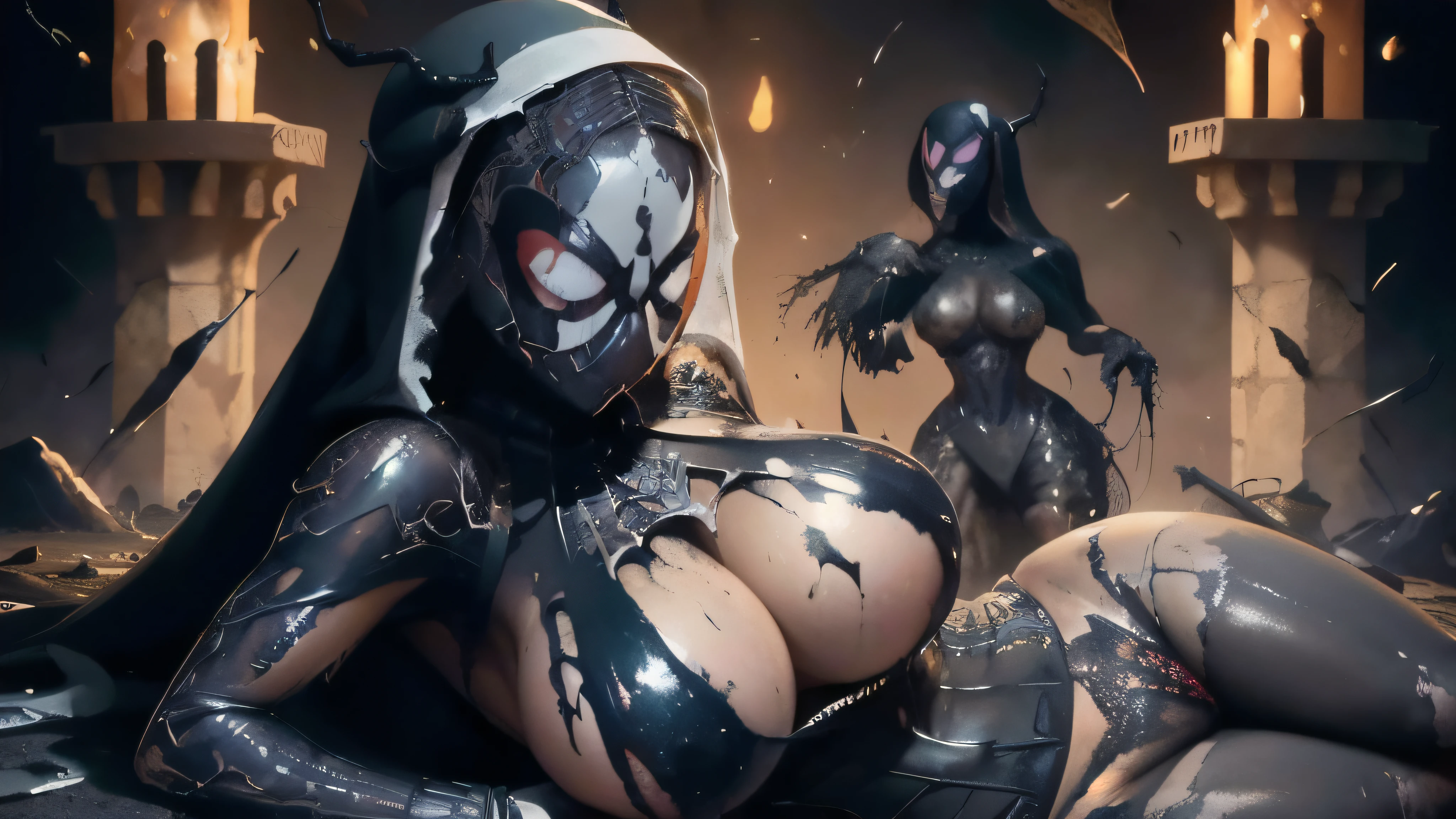 ((best quality)), ((masterpiece)), (detailed), perfect faces, (((Big tits))), ((((sharp image)))), two hot young busty girls, black lava outfit, stocking, beautyful faces, (( long length hair)), ((detailed eyes)), lightning in the background, ((dark castle in the background, ((lace thigh fix), garter belts (((the clothes melt off her))), (((black paint splattered on it))), (flying dragon in a background), black damaged corsets, ((clothes were torn in several places))), latex lingerie, (nun costumes), (((he wearing a black spiderman venom face mask))), venom, black dark venom, ((black lacy brassiere)), perfect detailed , (detailed eyes), ((photographed from front)) latex, erotic pose, boobies , long white hair, detailed eyes, good anatomys, big boobies, (((two person))), (((white skin)))