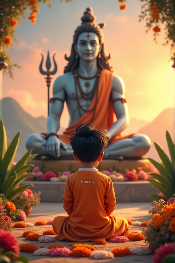 A boy, is seated and praying in front of a Shivling adorned with flowers and belpata (green leaves). Behind him, there's a Statue of Lord Shiva. The boy is wearing a saffron kurta on which name "Shreyansg" written clearly , have stylish hair and look very cute, enhancing the spiritual or religious ambiance, background features with hills, sunrise.