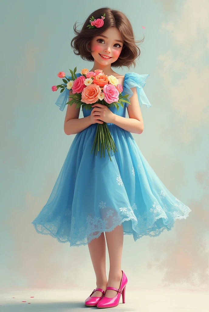 wearing pink shoes and blue dress holding a bunch of flowers
