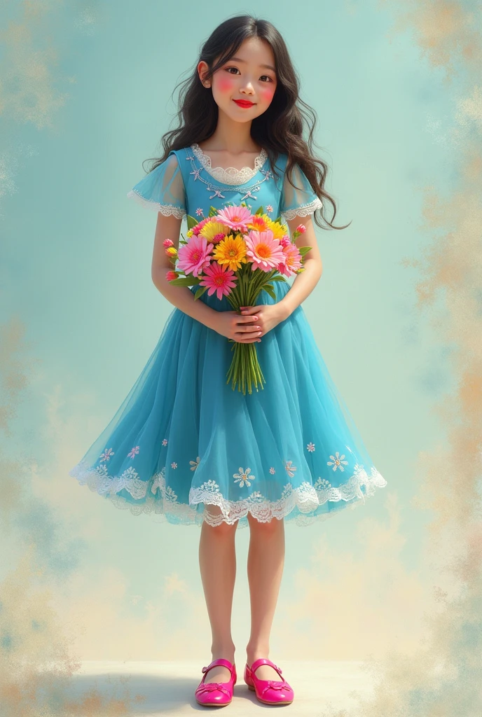  wearing pink shoes and blue dress holding a bunch of flowers