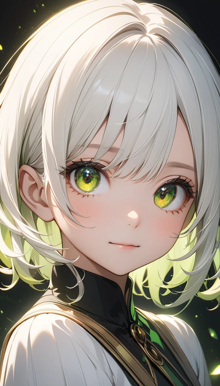 mksks style, 1girl, cute, surrounded by green lighting, gold eyes, white hair, black background, closeup, no smile, masterpiece, ultra detailed