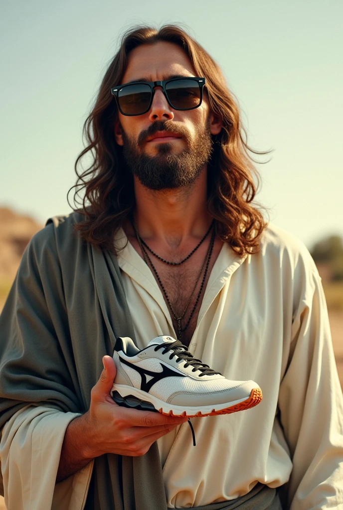 Jesus wearing Oakley sunglasses and Mizuno sneakers 
