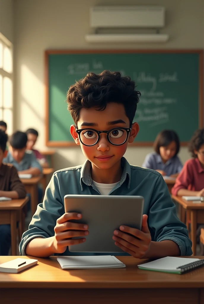 A black nerd with yellow skin features studying on a tablet in the classroom and brown eyes