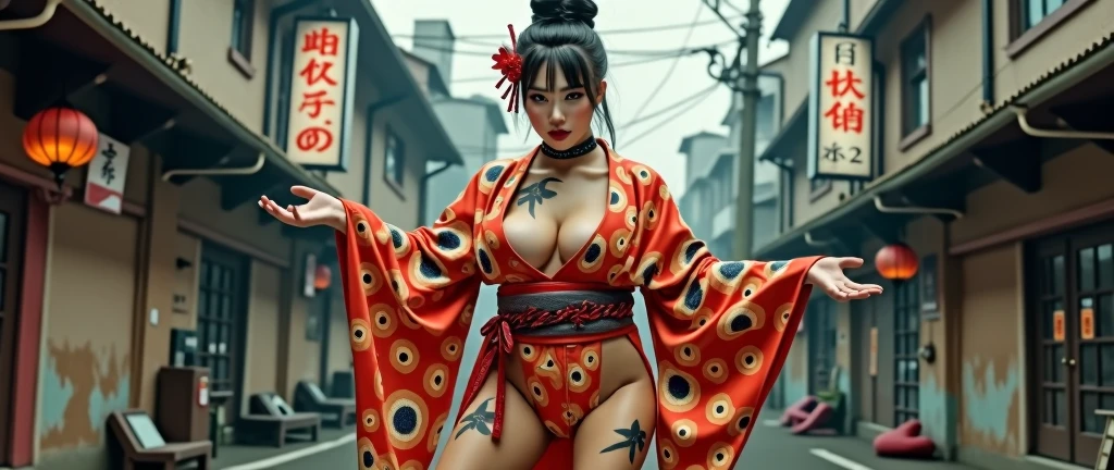 japanese kabuki、eccentric makeup、Please express the jinbaori beautifully.　In 4K, nipple slip