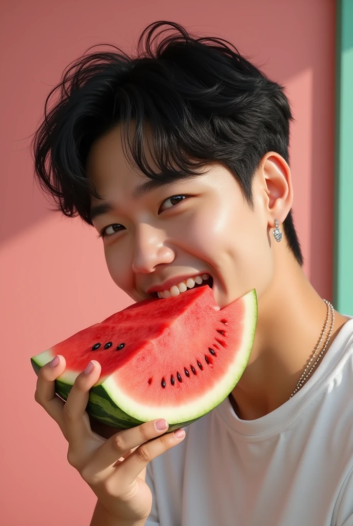 Mark lee eating a watermelon