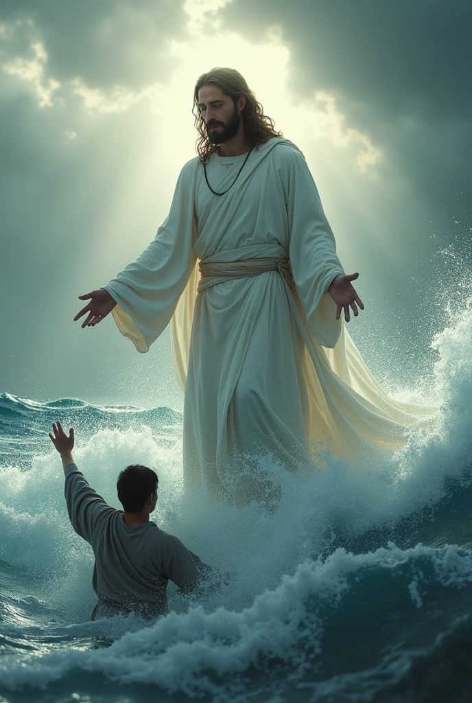 most beautiful Jesus, a man in fully white robes walking on water, stormy wetaher, (rescuing a man in grey hobes), dramatic lighting, cinematic composition, detailed realistic style, highly detailed, photorealistic, 8k, best quality, dramatic lighting, chiaroscuro, powerful, intense, emotional, spiritual