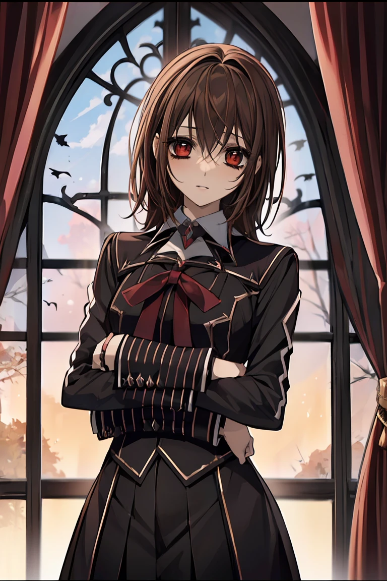 (absurdres, highres, ultra detailed, HDR), masterpiece, best quality, Yuki Cross, 1woman, solo, beautiful, brown hair, vibrant red eyes, finely eye and detailed face, window, red curtains, black uniform, vampire knight, arms behind back, 