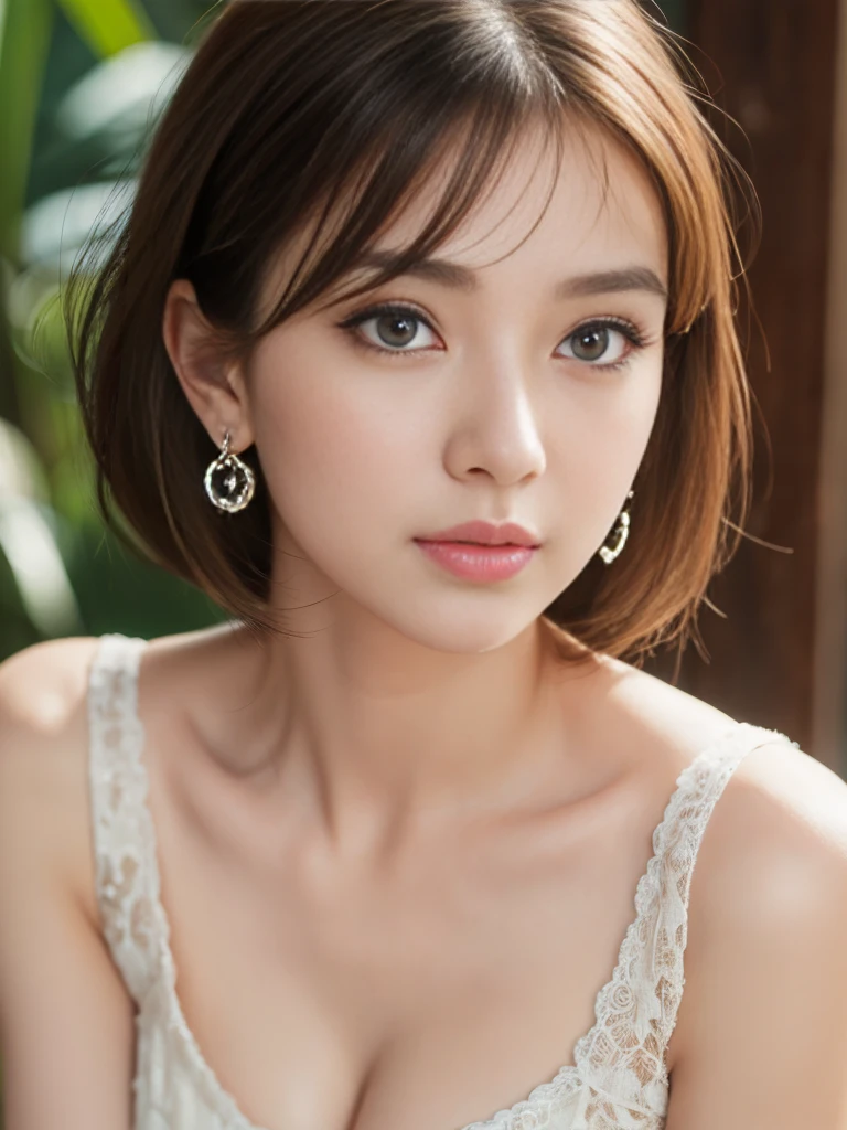 masterpiece，(Photorealistic:1.2)，(Highest quality:1.2)，Highest quality，(Ultra high definition:1.2)，RAW Photos，Tabletop，Very cute girl，Amazingly cute face，Detailed face，Detailed eyes，Beautiful Eyes，Long eyelashes，double eyelid，Perfect balance，Mid-chest，Cleavage，Staring at me，Textured skin，Beautiful Skin，Earrings，Natural Lip，light makeup，Very Short Bob，