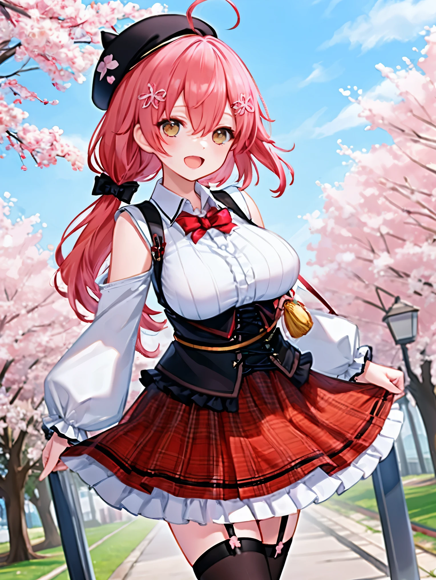 masutepiece, Best_Quality, hight_resolution, miko2,Ponytail, 1girl, Ahoge, black headwear, Hair Ornament, White shirt, black thighhighs, Pink hair, Red_skirt, very_short_skirt, plaid skirts, garter_strap, Collared shirt, hair clips, frilld, Bangs, hair between eye, frills skirt, beret, Pleated skirt, Hair Flower, Neck bell, , puffy long sleeves, Black bow, Underbust, Smile, (large_breasts:1.3),covered_nipples, green_eyes, happy, dynamic_angle,apart_legs,(big_smile:1.2),plump,open_mouth,shout,half_eyes,cherryblossom_park_landscape_background,