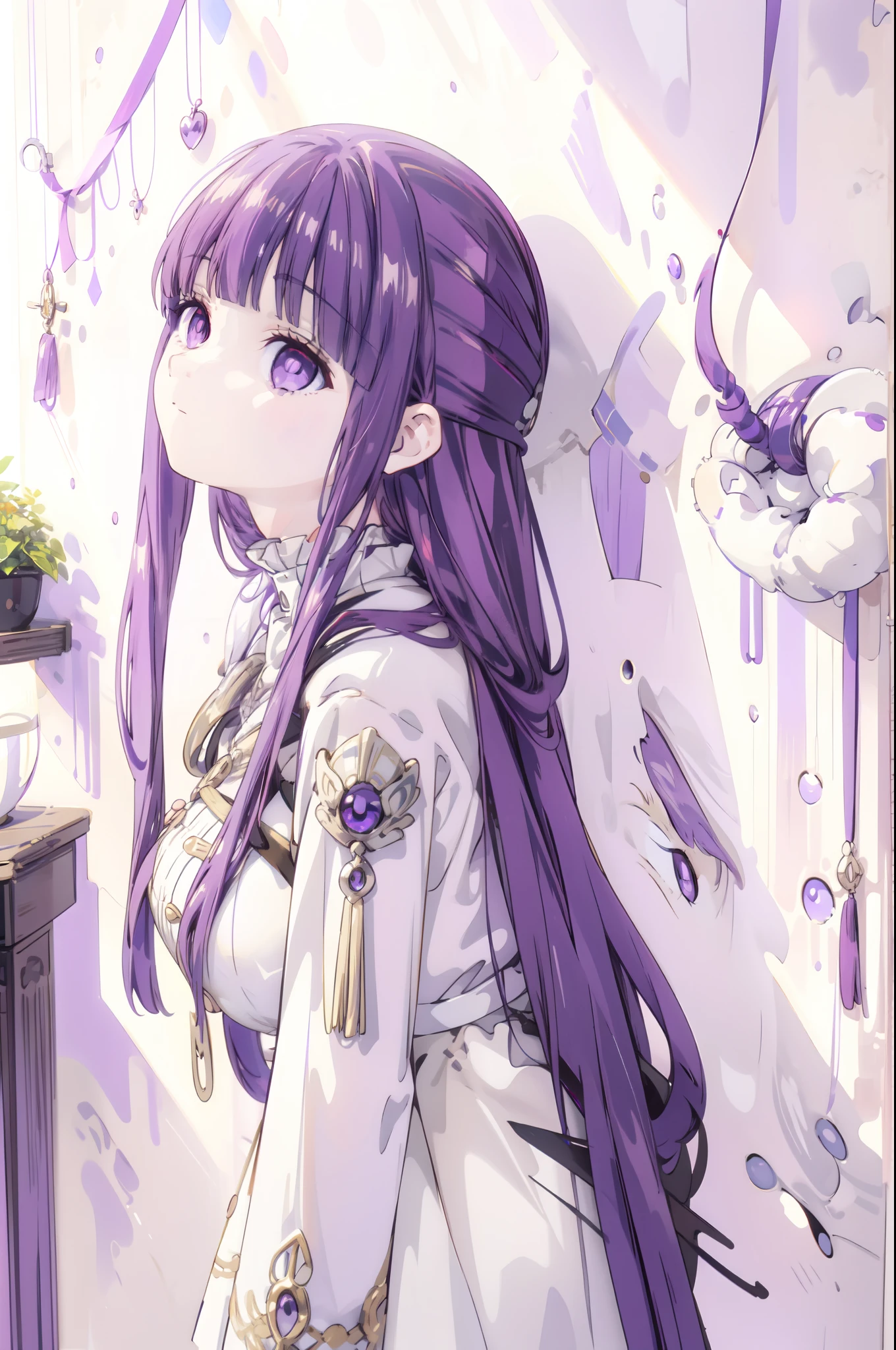 UHD, masterpiece, anatomically correct, super detail, best quality,Fern, 1girl, solo, Fern, Long Hair, bangs, (Purple eyes:1.1), Purple Hair, Side Lock, blunt bangs, (Bright Eyes:1.5), Half Up,Big breast , best quality, masterpiece,,picture in a frame,butt view, glory_wall,(glory wall pose:1.2)