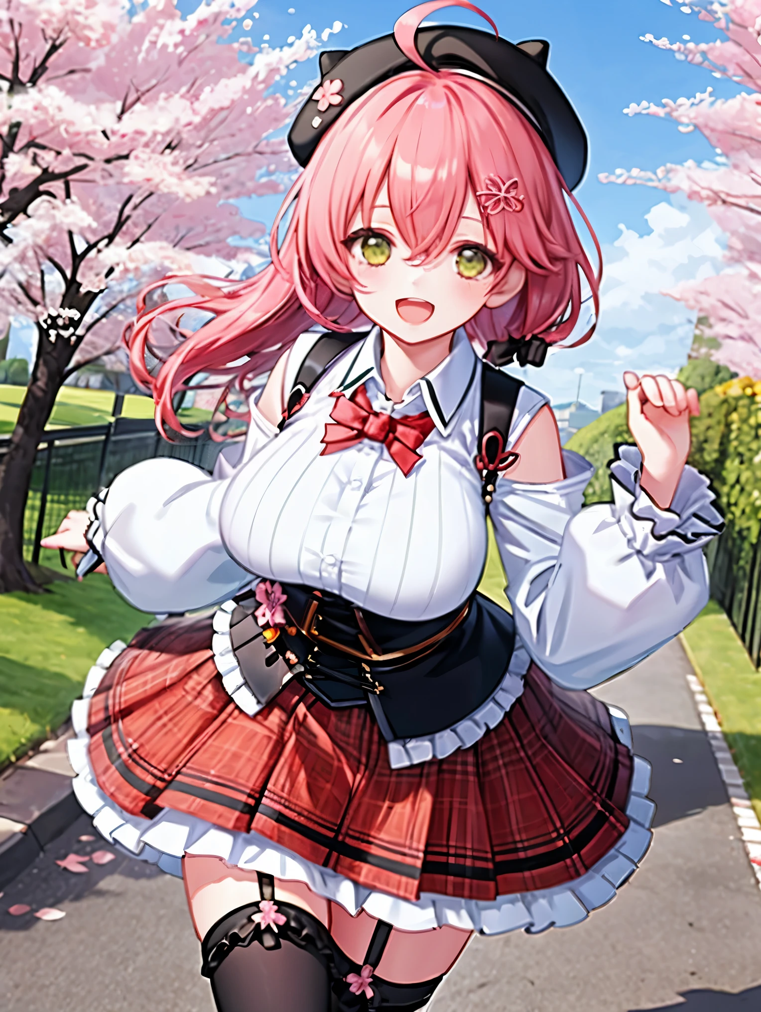 masutepiece, Best_Quality, hight_resolution, miko2,Ponytail, 1girl, Ahoge, black headwear, Hair Ornament, White shirt, black thighhighs, Pink hair, Red_skirt, very_short_skirt, plaid skirts, garter_strap, Collared shirt, hair clips, frilld, Bangs, hair between eye, frills skirt, beret, Pleated skirt, Hair Flower, Neck bell, , puffy long sleeves, Black bow, Underbust, Smile, (large_breasts:1.3),covered_nipples, green_eyes, happy, dynamic_angle,apart_legs,(big_smile:1.2),plump,open_mouth,shout,half_eyes,cherryblossom_park_landscape_background,