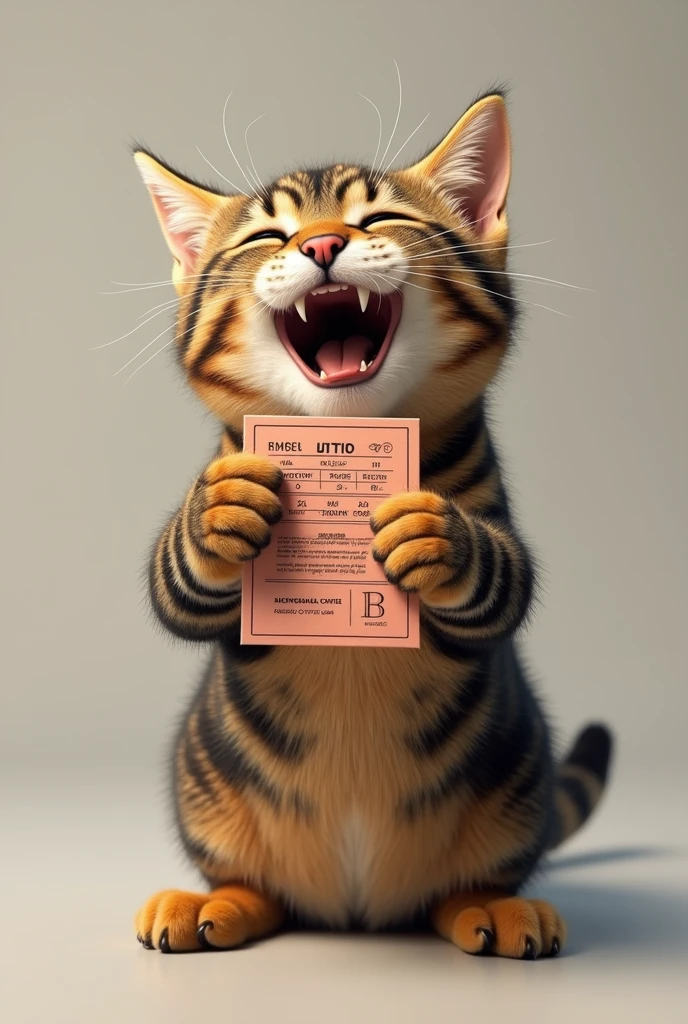Generate me an ultra realistic image of an adult tabby cat scratching a lottery ticket. Le ticket est gagnant , he is so happy ! (Le chat n’a que 4 pattes)