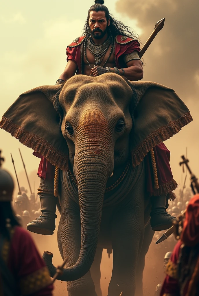 "A dramatic close-up of Hemu on his elephant, with an arrow piercing through his eye. Blood trickles down his face, but his expression remains fierce and unyielding. The background depicts the intensity of the battle, with soldiers fighting and dust swirling around."