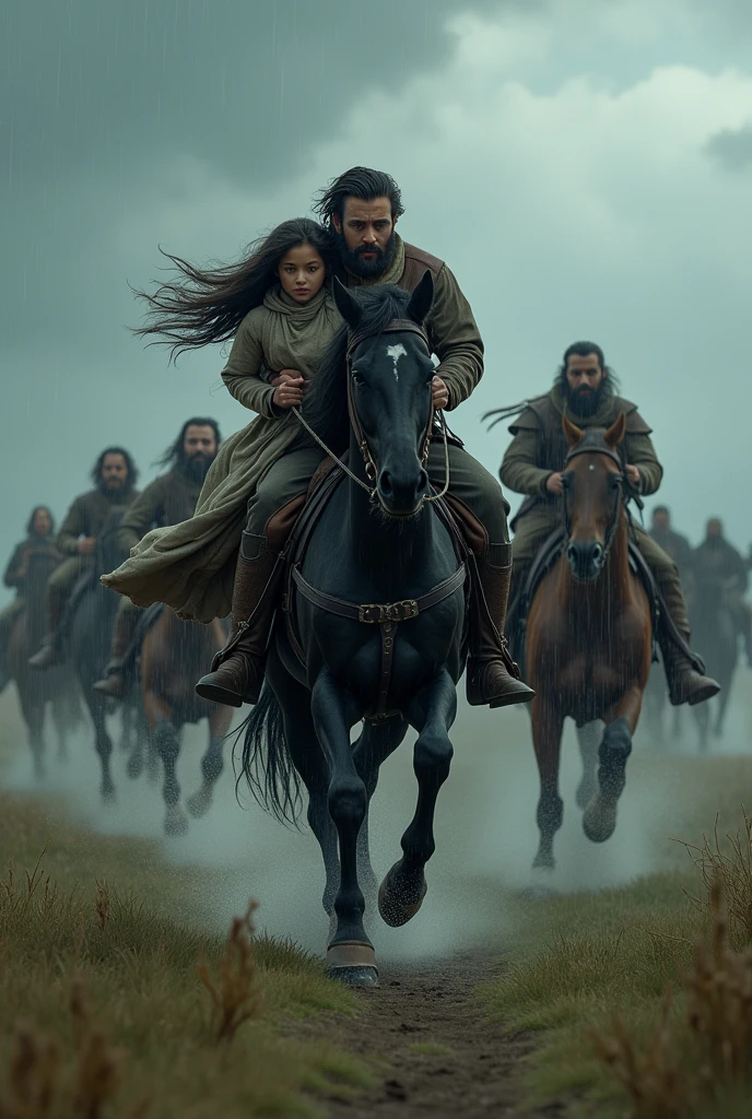 Bandit fleeing with a girl on a black horse in the rain with 3 more riders