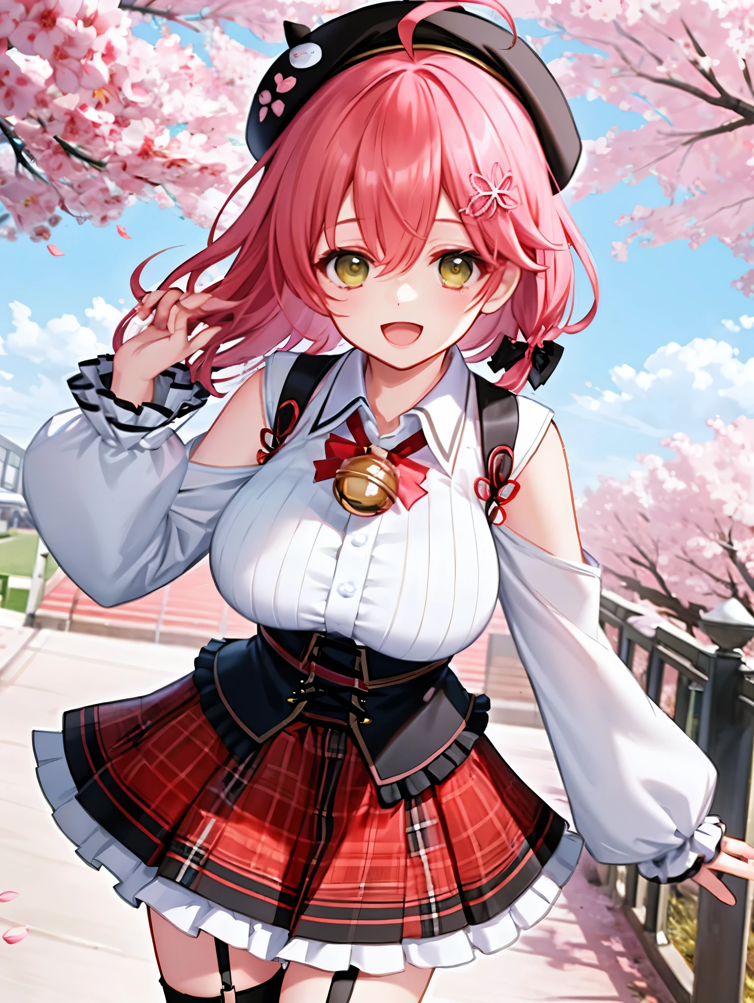 masutepiece, Best_Quality, hight_resolution, miko2,Ponytail, 1girl, Ahoge, black headwear, Hair Ornament, White shirt, black thighhighs, Pink hair, Red_skirt, very_short_skirt, plaid skirts, garter_strap, Collared shirt, hair clips, frilld, Bangs, hair between eye, frills skirt, beret, Pleated skirt, Hair Flower, Neck bell, , puffy long sleeves, Black bow, Underbust, Smile, (large_breasts:1.3),covered_nipples, green_eyes, happy, dynamic_angle,apart_legs,(big_smile:1.2),plump,open_mouth,shout,half_eyes,cherryblossom_park_landscape_background,